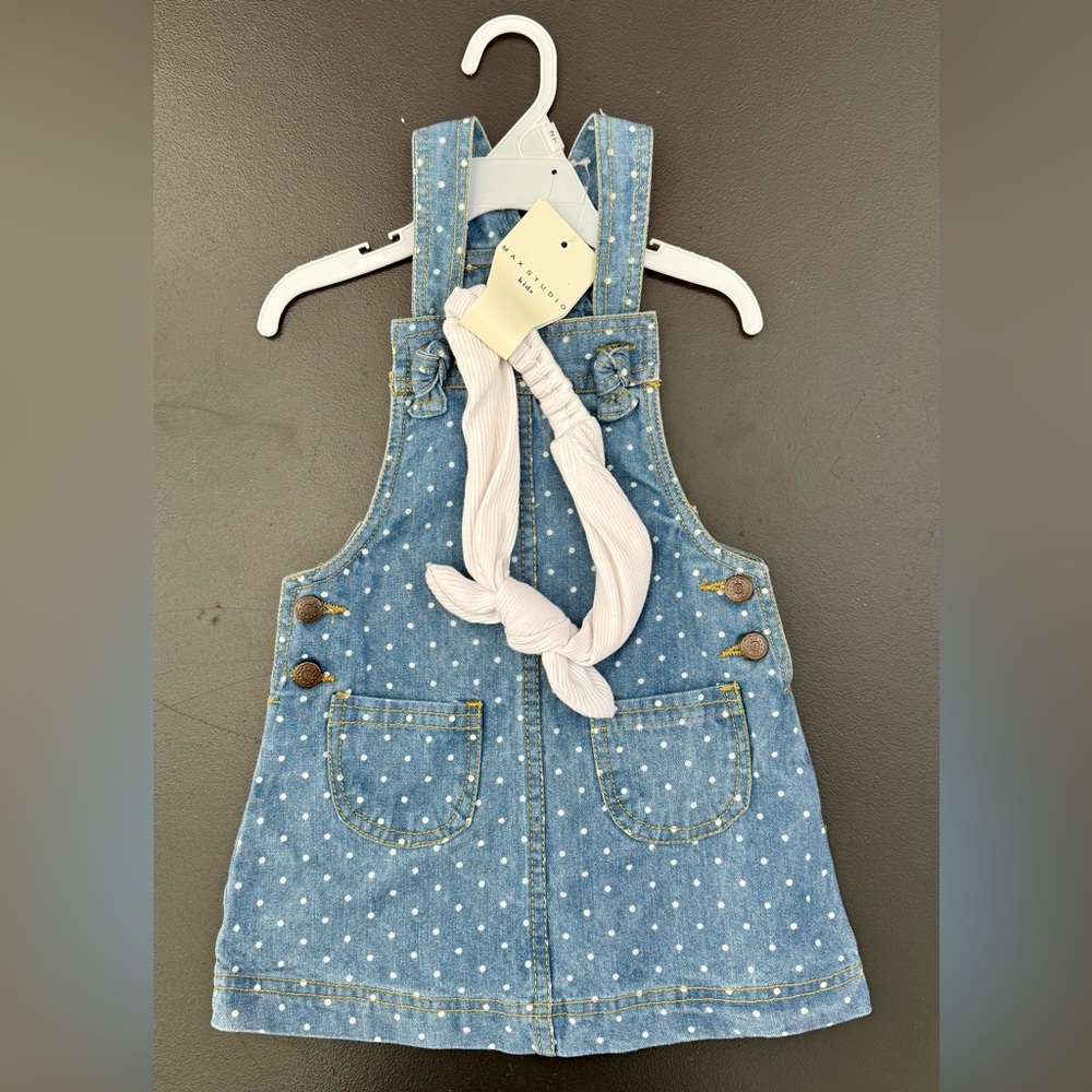 Max Studio Kids Girls Size 2T Blue Denim Jumper Dress White PolkaDots